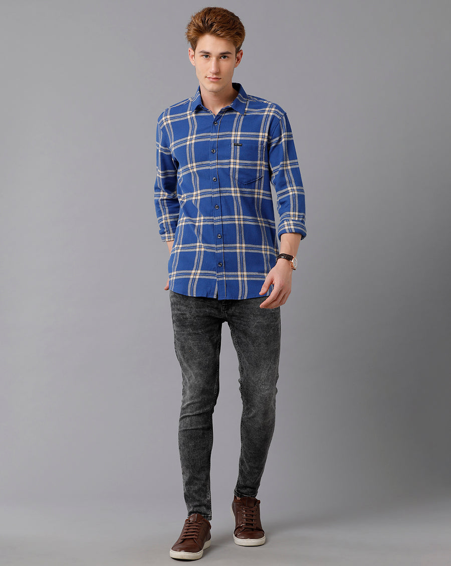 VOI Jeans Men's Solid Blue Checked Slim Fit Shirt
