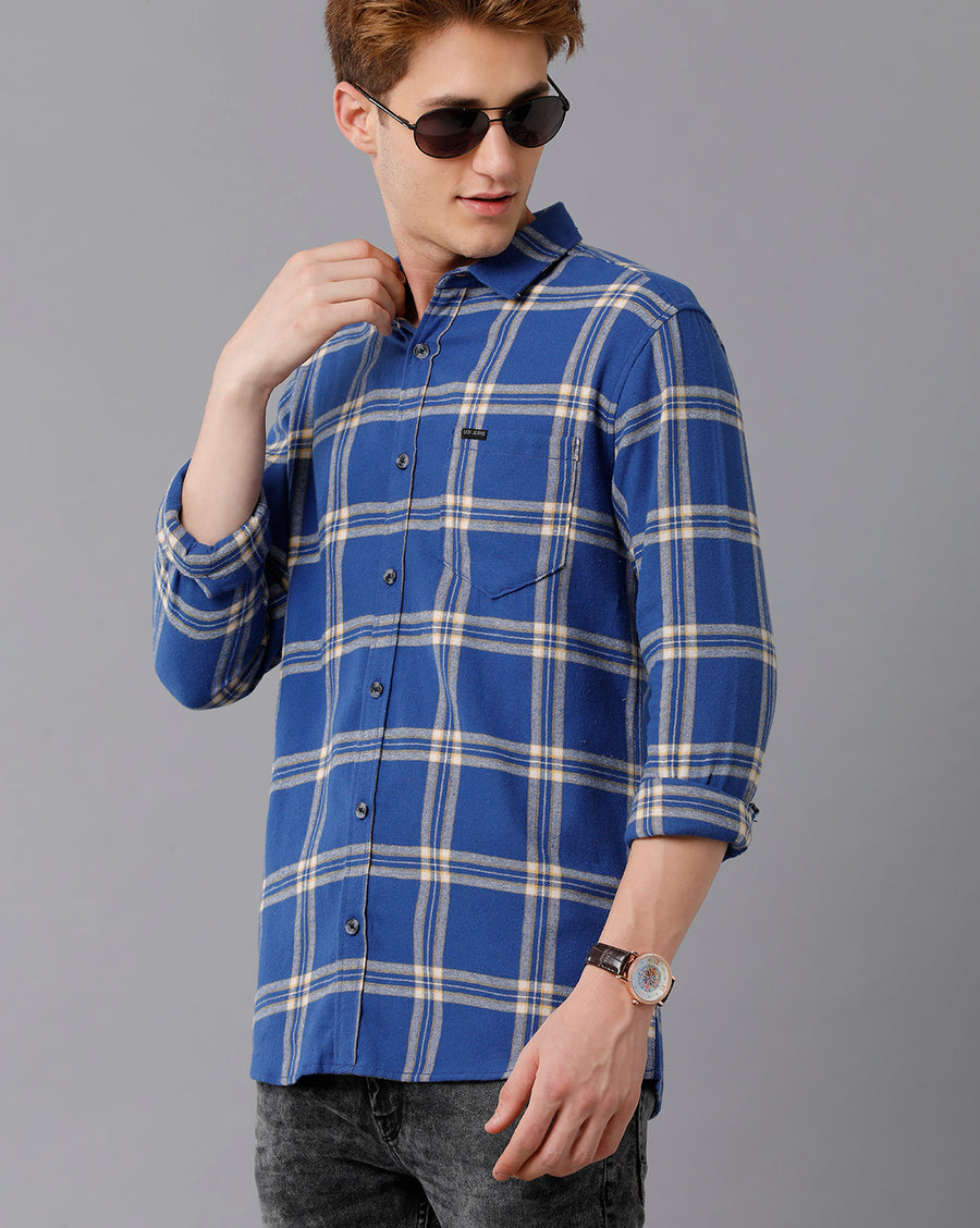 VOI Jeans Men's Solid Blue Checked Slim Fit Shirt