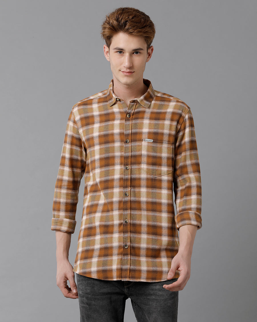 VOI Jeans Men's Brown Pink Checked Slim Fit Shirt