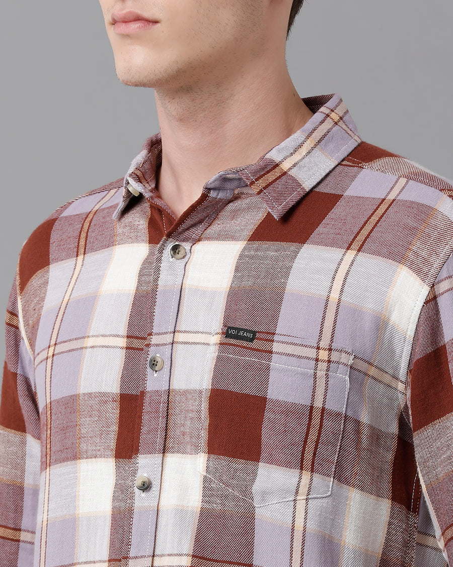VOI Jeans Men's Brown  Checked Slim Fit Shirt