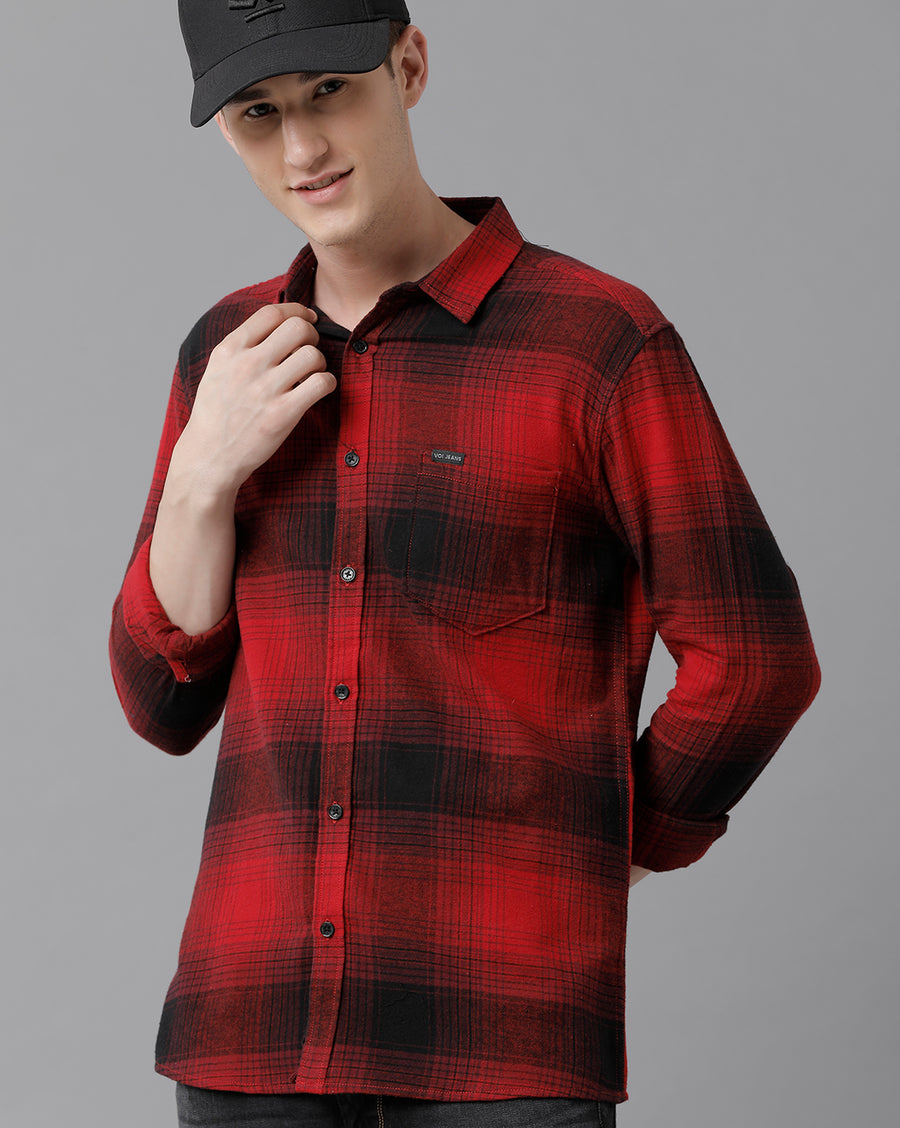 VOI Jeans Men's Red Pink Checked Slim Fit Shirt
