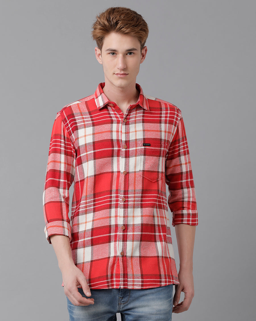 VOI Jeans Men's Red Checked Slim Fit Shirt