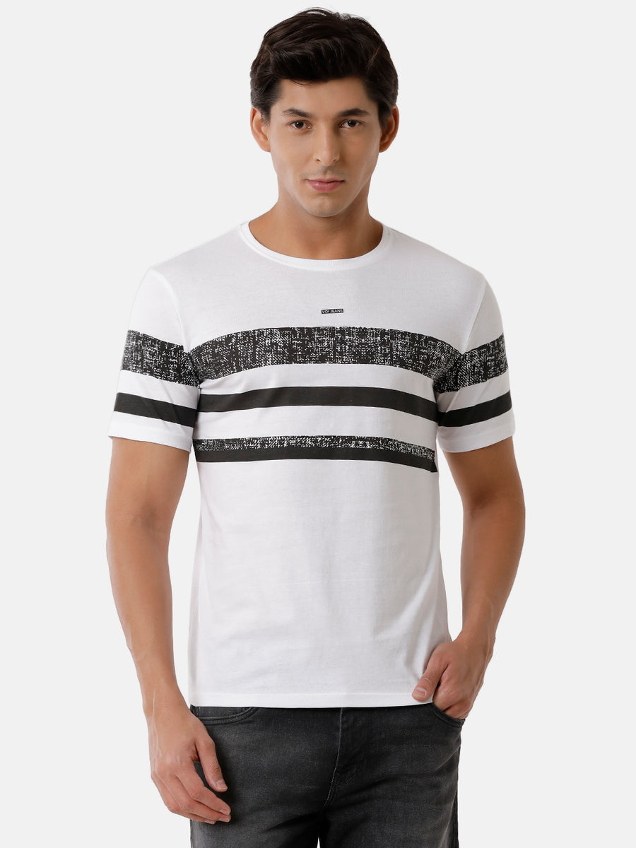 Men's White & Black Printed Slim Fit Tshirt.