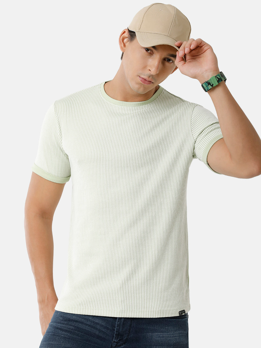 Men's Green & White Self Striped Tshirt