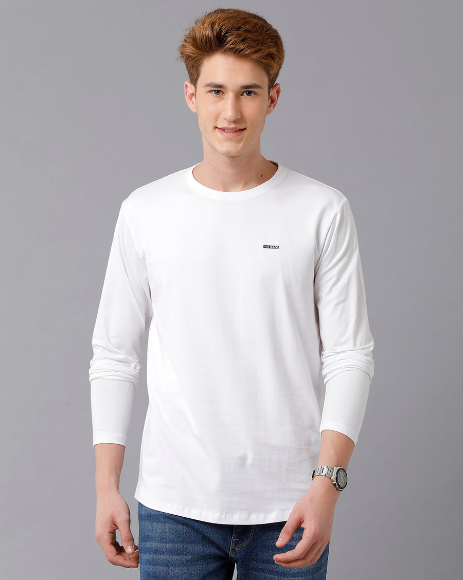 VOI Jeans Men's Solid White Full Sleeve  Crew Neck T-shirt