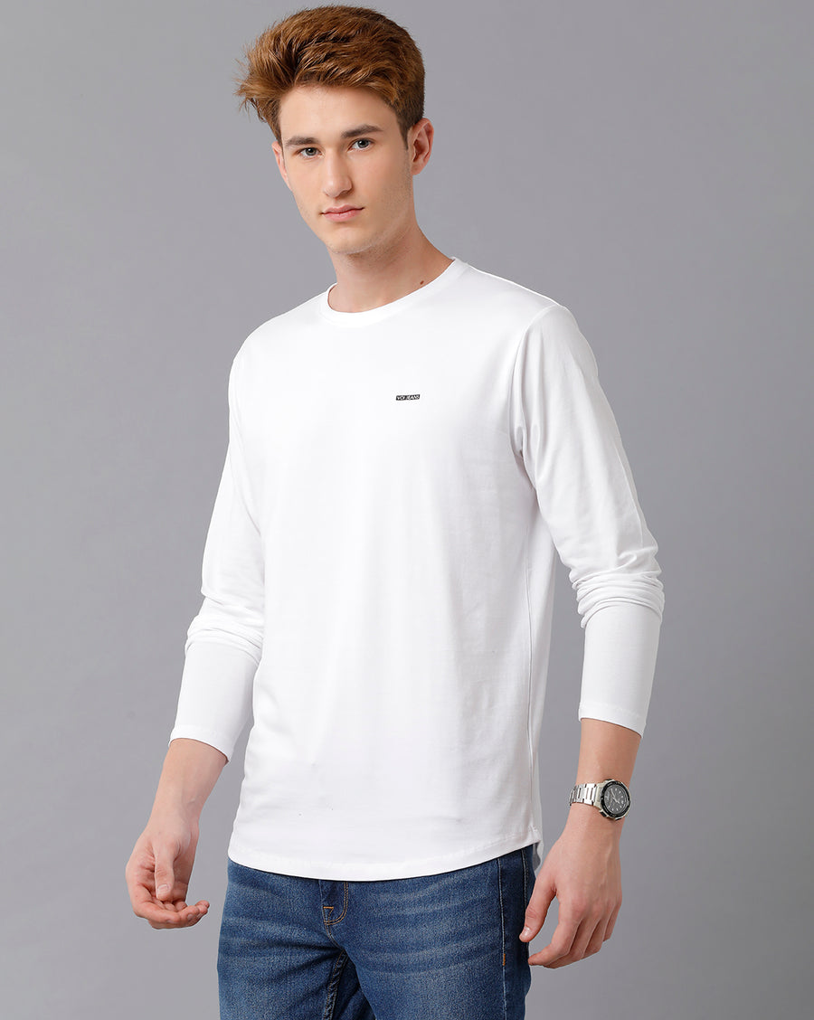 VOI Jeans Men's Solid White Full Sleeve  Crew Neck T-shirt