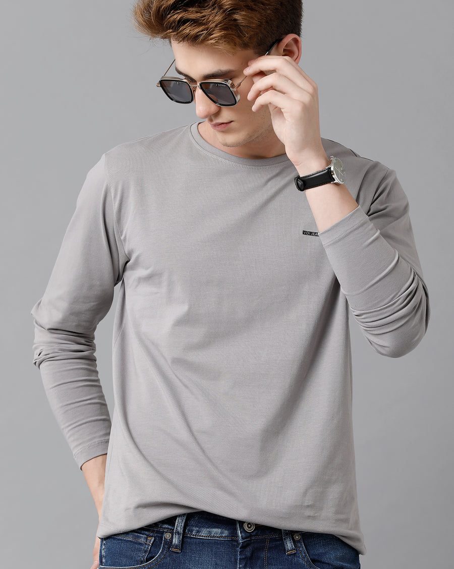VOI Jeans Men's Grey Full Sleeve Crew Neck T-shirt